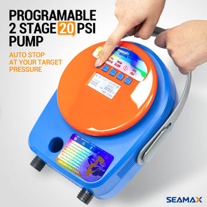 SEAMAX SUP Electric Air Pump for Inflatable Paddle Board & Boat, High Speed Double Stage for Inflation and Deflation, Max 20 PSI and Additional 5 Valve Fittings Included