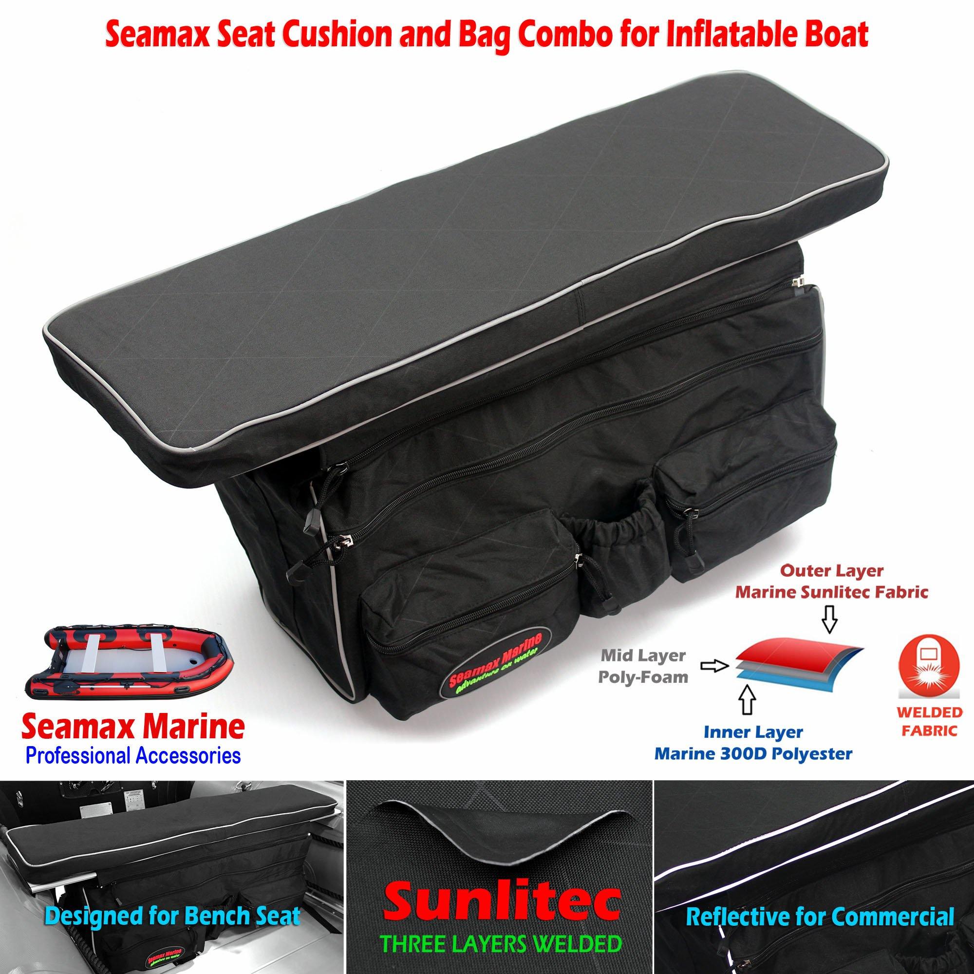 Seamax Sunlitec Cojín de asiento de banco de barco inflable y combo de bolsa de asiento desmontable, con línea reflectante